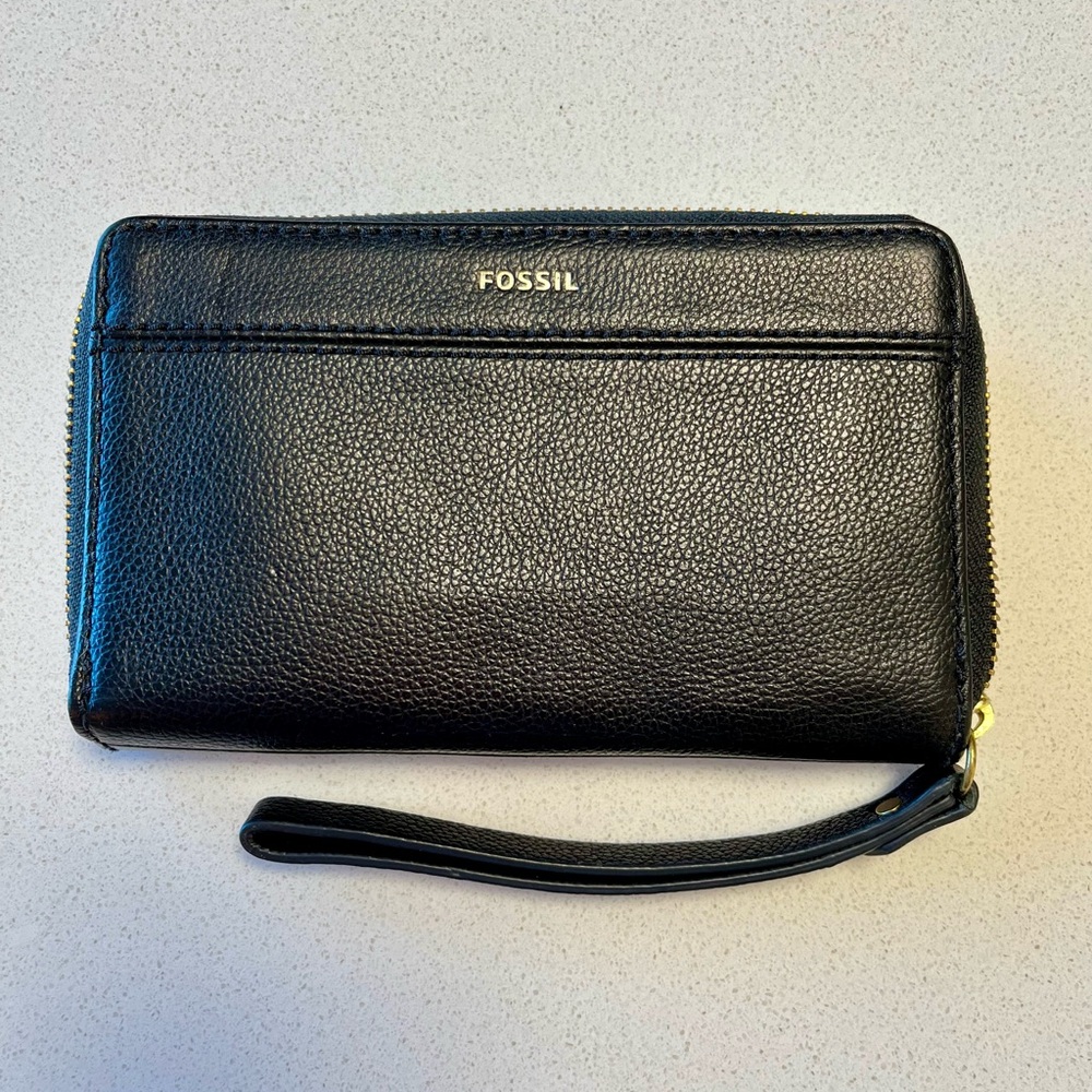 Fossil Black Leather Wristlet with Gold Accents